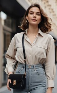 Jeans oversize y camisa: Un look relajado con una cartera de cuero